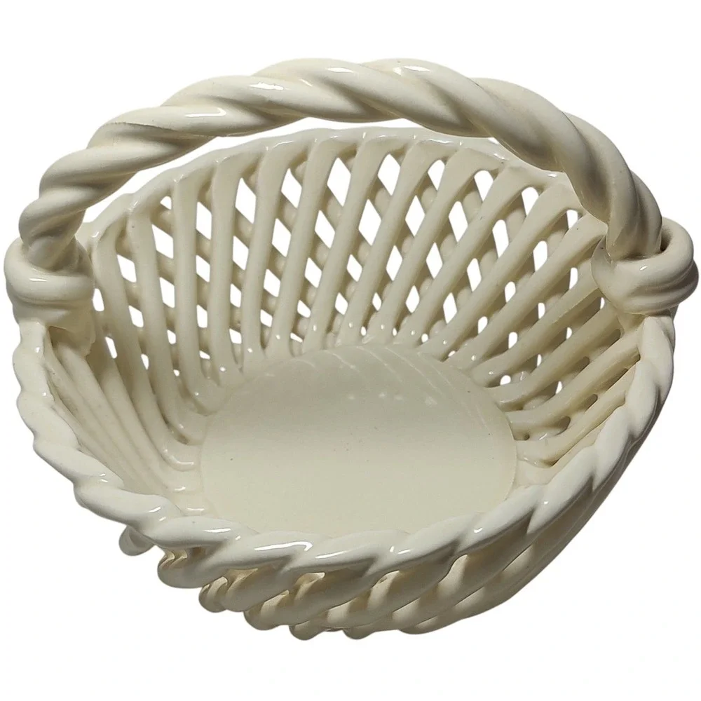 Vintage Woven Glass Basket Weave Twisted Handle Cream Springtime Five Inches SEE